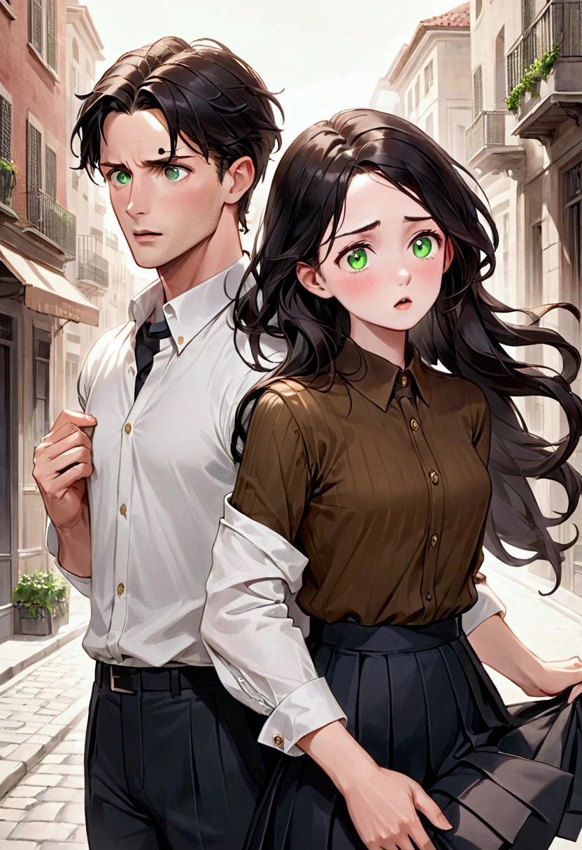 Create an image, in the style of drawing for book cover, of a young woman of about twenty-three years old with long hair, brown in color and wavy, green eyes and white skin, she must be in the arms of a man both with a slightly surprised expression, as if she had fallen and he had caught her before it happened. This man must look young too, with white skin and black hair, he must be tall and have an athletic body, broad shoulders and steady hands. Your face should be masculine with strong eyebrows and dark eyes.. Men's hair should be slightly wavy, almost smooth and black in color. She should be wearing a black pleated skirt above the knees with an ivory colored button-down long sleeve blouse., over the shirt she must be wearing a brown sleeveless sweater and tractor moccasin shoes, and he must be wearing a white button-down shirt tucked into his black pants, his shirt sleeves should be rolled up to about the elbow and a brown oxford dress shoe. The image should convey a youthful and fun air., She should look like a flustered young lady who is surprised by the situation and he should look like a firm, sarcastic man who is pleasantly surprised by the situation.