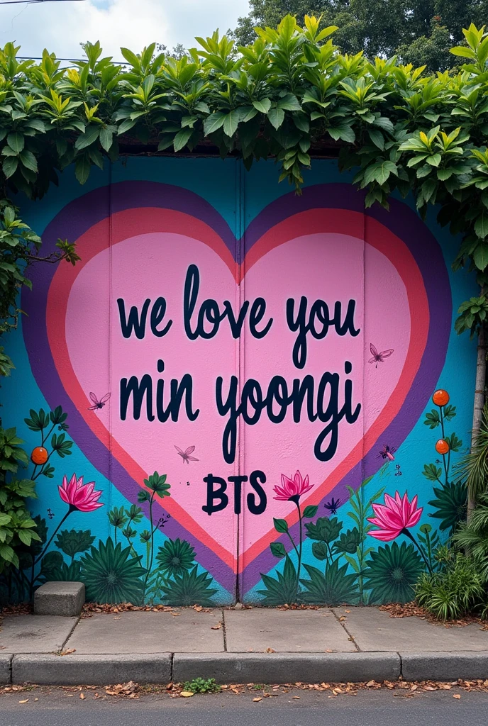 Wall on a Brazilian street with vegetation on the sidewalk, withouth People, with graffiti saying:' we love you Min Yoongi ' ea sigla pequena escrito: BTS 4ever. with purple details, small drawings of tangerines and lotus flower.