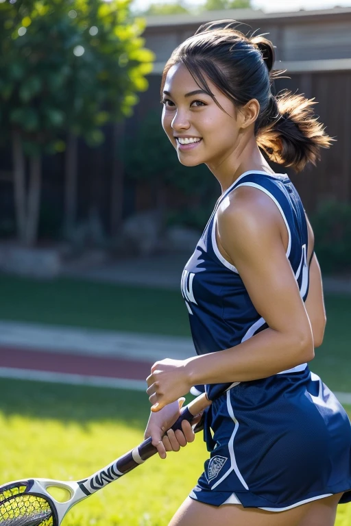 (8k, RAW photo, best quality, masterpiece), (photorealistic), outstanding details, ultra-high resolution, anatomically correct, textured skin, (Extremely precise and accurate anatomy),
Ultra Detailed Face, Detailed Eyes, 

(Cute Japanese girl), 
Lacrosse player, tanned skin, smiling face, holding Lacrosse stick, Running, Ponytail, Field lacrosse, 
big Breast, 

(backlighting), 
reflection light, 
atmospheric perspective, depth of field, 
(dramatic lighting), cinematic lighting, 