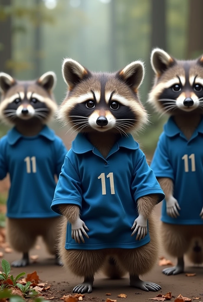 Raccoons dressed in blue shirts and the number 11