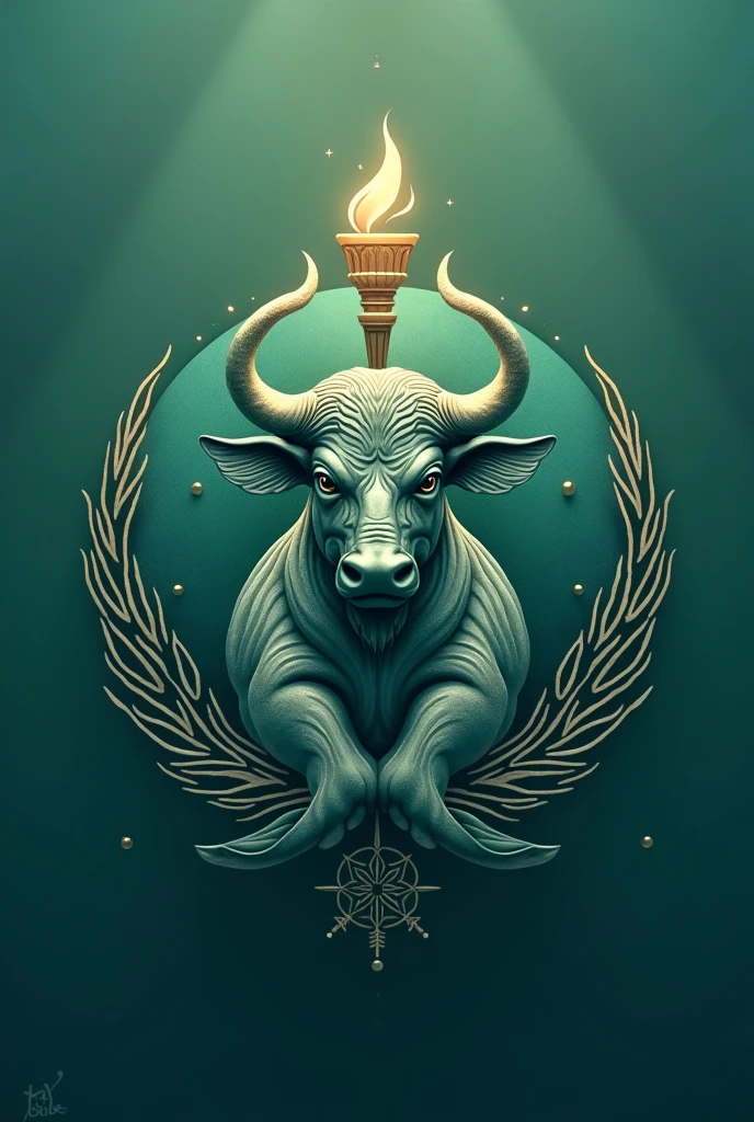 Design a logo featuring a unique combination of a fish and a water buffalo, adorned with a torch and laurel elements. Incorporate shades of green and blue to convey a sense of harmony and tranquility. Be creative and innovative in showcasing the fusion of these symbols to symbolize strength, power, and growth. make it color green and blue and remove background 