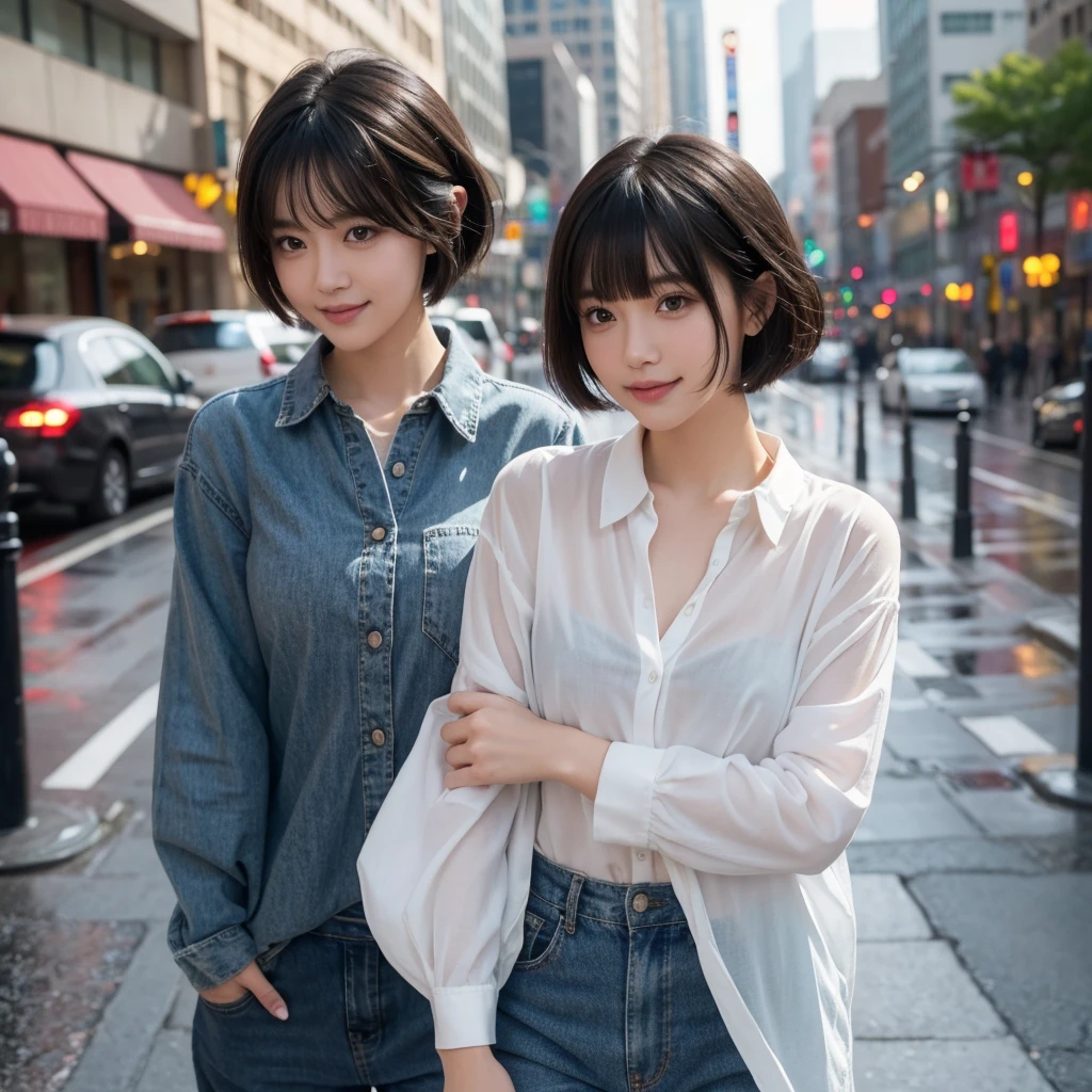(Highest quality, masterpiece), One person, Intricate details, beautiful細部までこだわった顔, shirt, View your viewers, Rainy cityscape, blush, Open your mouth, Black Hair, short hair, Blunt bangs, Happy, Are standing, Cowboy Shot,solo, High resolution, smile,beautiful,cute,Dimples,High resolution,