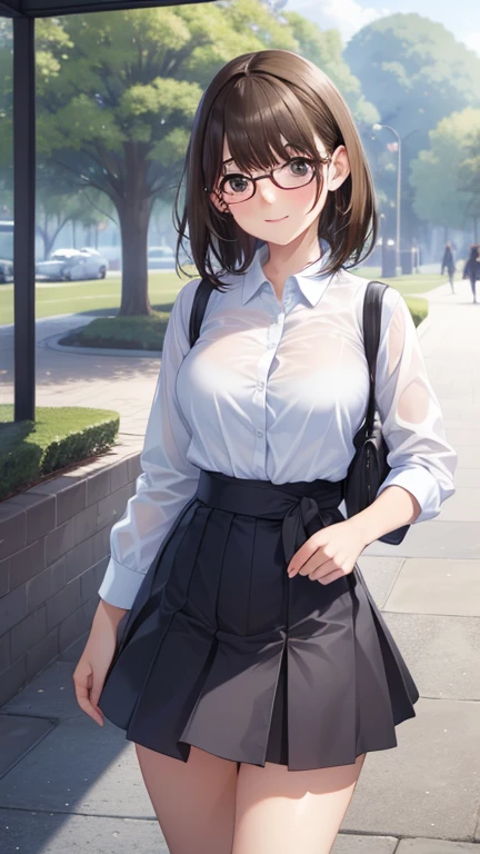 anegasaki nene、Shiny brown hair, short hair, (Beautiful brown eyes、Sparkling eyes, Fine grain)、smile、Ultra-detailed eyes、Highly detailed face, Highly detailed eyes,
(masterpiece:1.2, 最high quality),
1 girl, (((at the park))), (Sheer white shirt), (Wet shirt), (mini skirt), (Pastel Blue Skirt), Highly detailed CG integrated 8K wallpaper, One person, View your viewers, ((Straight from the front)), (high qualityスキン:1.2), (Beautiful Skin:1.2), 8K Ultra HD, Digital SLR, Soft lighting, high quality, Film Grain, Fujifilm XT3, (whole body:0.8) , Tokyo Ragii , (Bold Glasses), whole body in, Perfect body, Two legs, Long legs, (wide waist:1.2), (Big House:1.3), (Cleavage:0.8), sad, blush