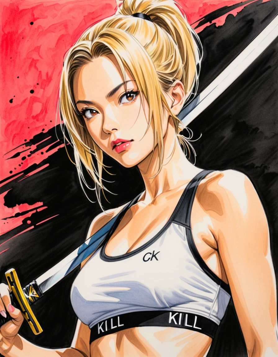 Blonde hair ponytail woman, Calvin Klein sports bra, white, art, colored pencil drawing, ink painting, (movie: Kill Bill's Japanese Sword), slash drawn in ink