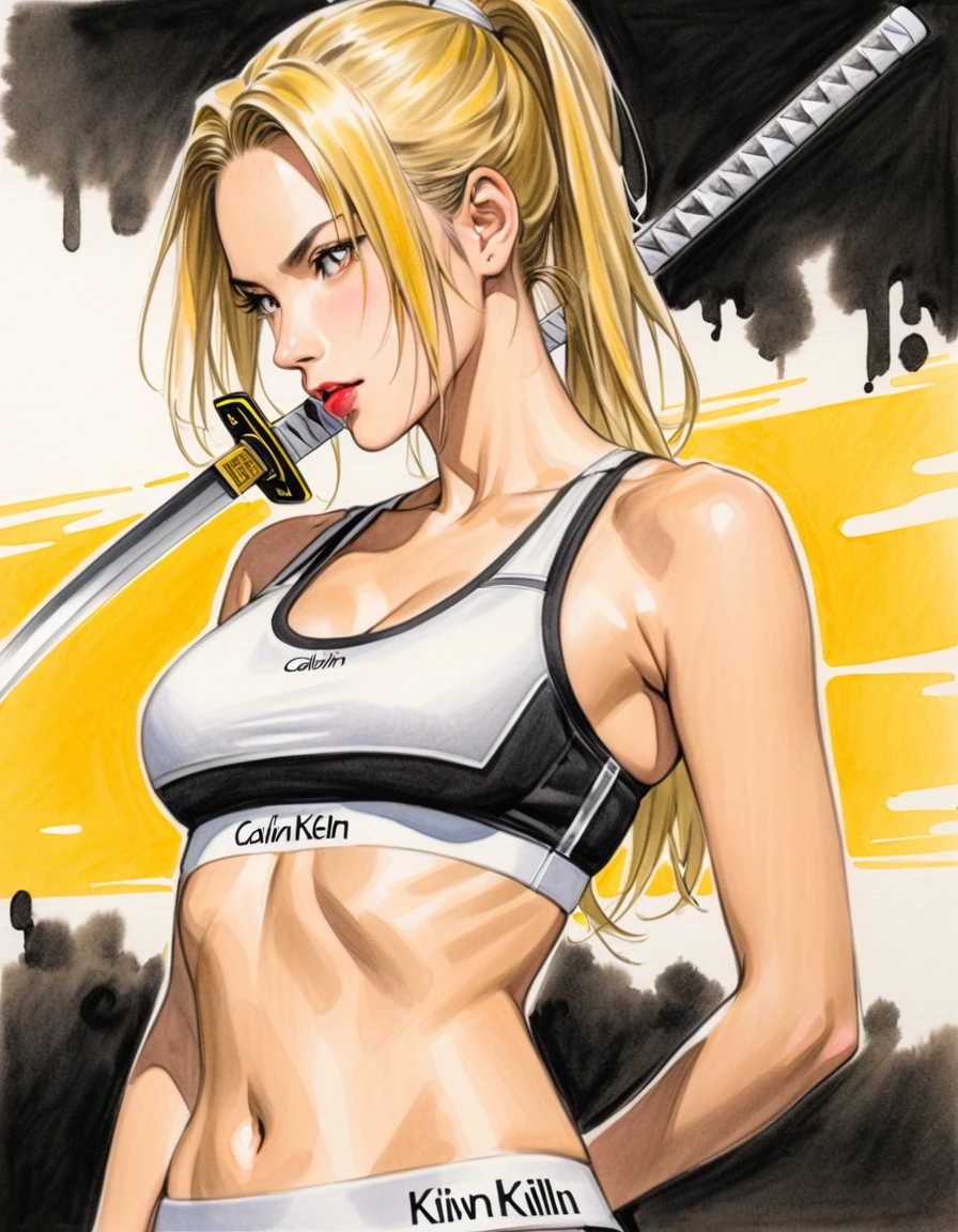 Blonde hair ponytail woman, Calvin Klein sports bra, white, art, colored pencil drawing, ink painting, (movie: Kill Bill's Japanese Sword), slash drawn in ink
