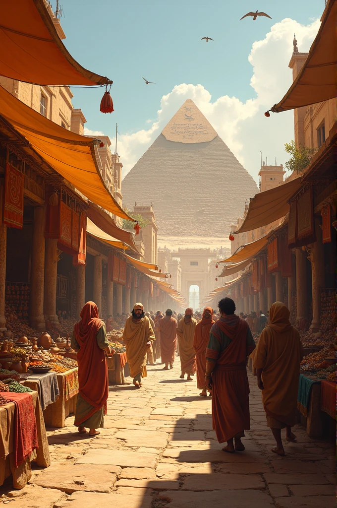 "A bustling ancient Egyptian marketplace, with vendors selling pottery, textiles, and spices, against the backdrop of the Pyramids of Giza."