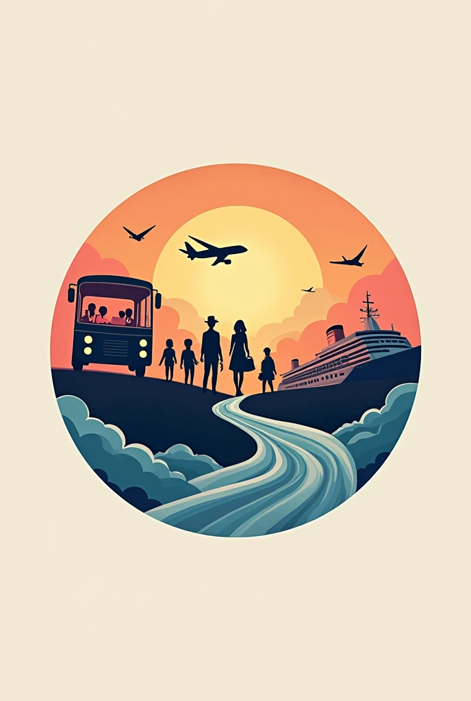 make me a simple logo circle of a Serene Noir Travel with a vibe of relaxing vacations, inspired by hotel de luna and on piece, colorful, bus, airplane, cruise ship, clouds, tour guides, travelers, and the name of travel agency is "SERENE NOIR TRAVEL" and it's slogan "explore more, worry less''
