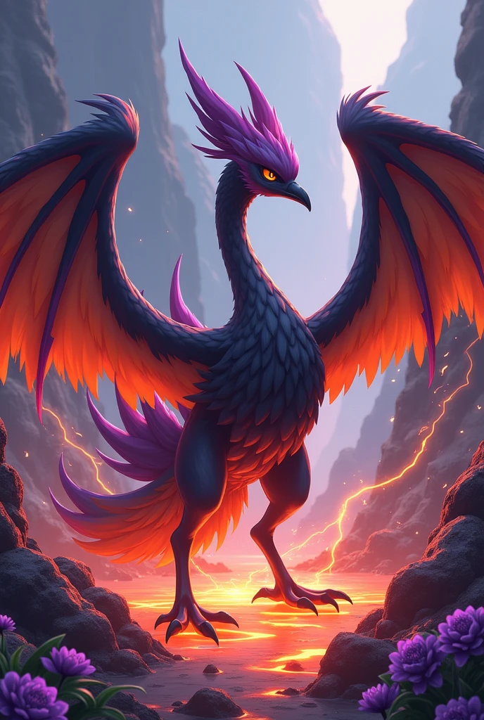 create an anime style pokemon, Fire and electric type, inspired by a black swan, with dark purple and orange colors, elegant and powerful, Located on a lava lake with rocky areas and purple flowers, Digital art, key visual anime