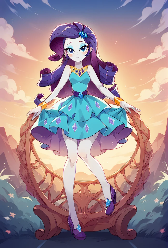Rarity de Equestria Girls, looking at the viewer, Sunset, pretty eyes, beautiful face, small breasts, press dress, Beautiful face, Bright and beautiful eyes, High heels, to become night, carriage,