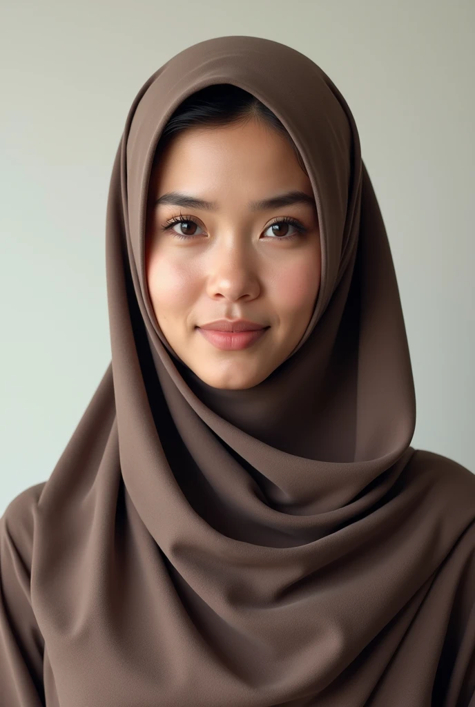 Portrait of 30 years old muslim woman wearing a hijab, proper face, standing streight, frontal view, looking at camera, neutral facial expression, no make-up, photorealism:1.2, high detail, high resolution, 4K, UHD