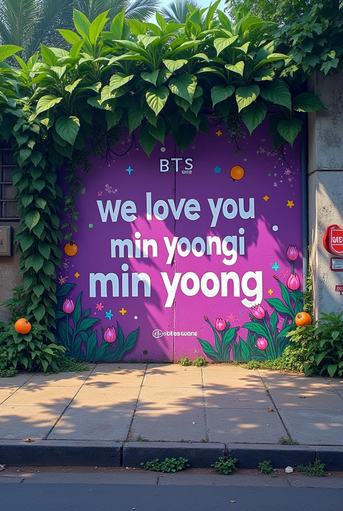 Wall on a Brazilian street with vegetation on the sidewalk, withouth People, with graffiti saying:' we love you Min Yoongi ' ea sigla pequena escrito: BTS 4ever. with purple details, small drawings of tangerines and lotus flower.