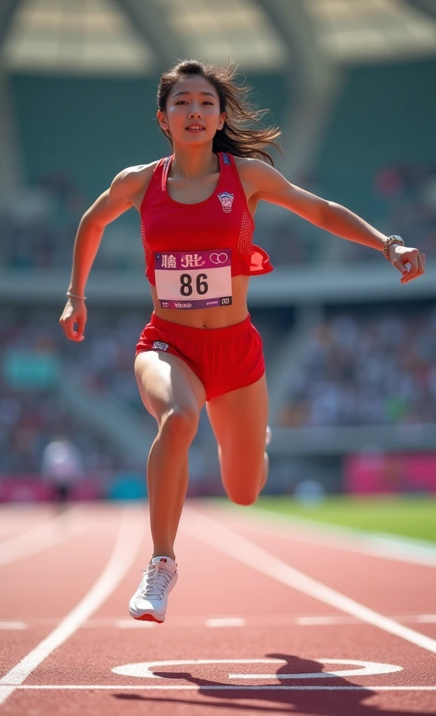 Ultra-high resolution,High-resolution details,Women's 110m hurdles at the Olympics,Red outfit,full-body shot,Panoramic vistas,Wide Angle,Lenses,20-year-old Korean girl,cute,Fair skin,The facial features are delicate,Super pretty face,Try your best to jump over the hurdles,Large range of motion,Exaggeration in competition,Stimulate,The picture is super beautiful,Olympic Games background,Full audience,The atmosphere was enthusiastic and high