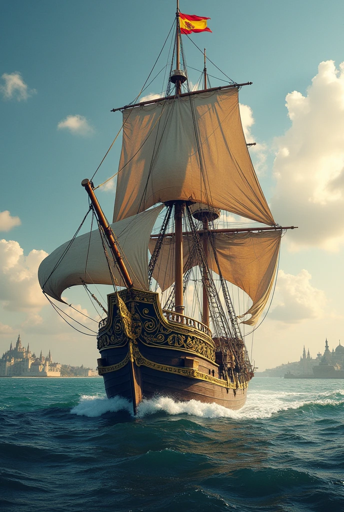 Showcase a galleon ship sailing towards the New World, with the Spanish flag waving. The background can include a blend of colonial cities in the Americas and the Spanish royal crown.