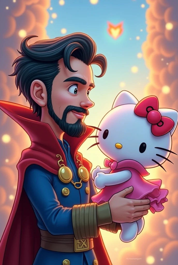 Create a drawing of Dr.. Strange young man with beard in love with Hello Kitty giving a kiss chibi version