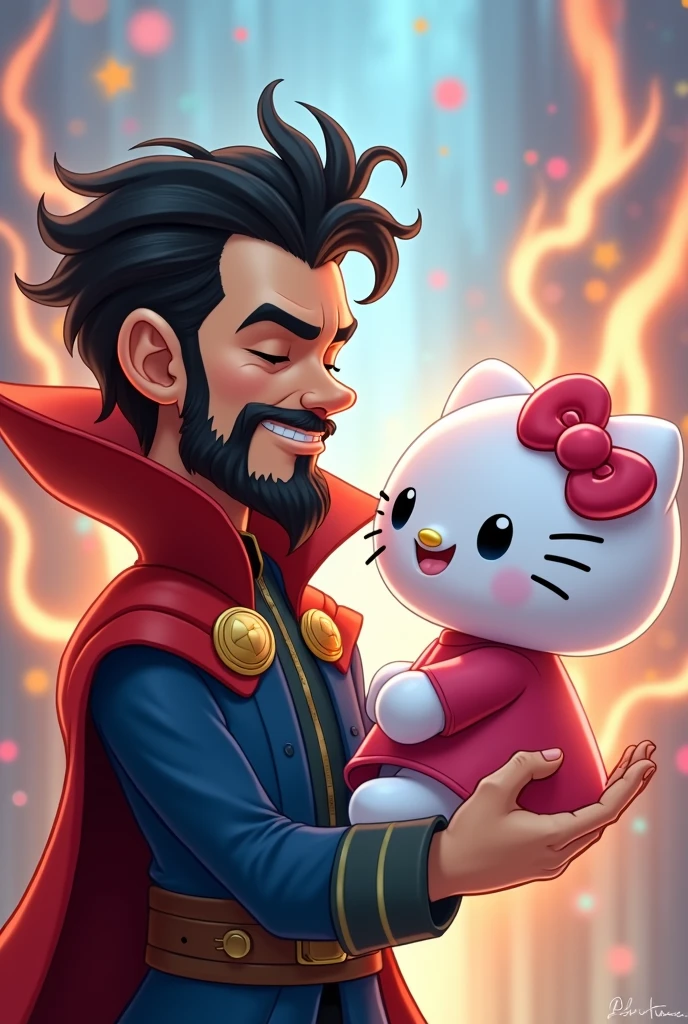 Create a drawing of Dr.. Strange young man with beard in love with Hello Kitty giving a kiss chibi version
