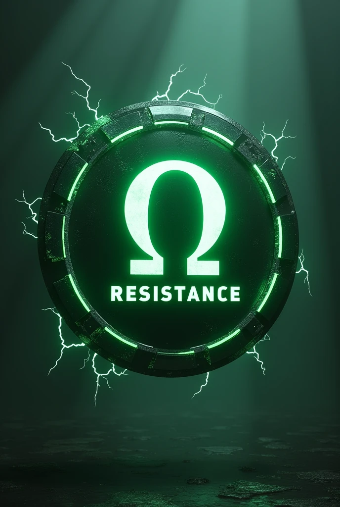 Front view Shield floating in the dark with green omega symbol and green ghostly light and electric current Saying Resistance under the symbol 