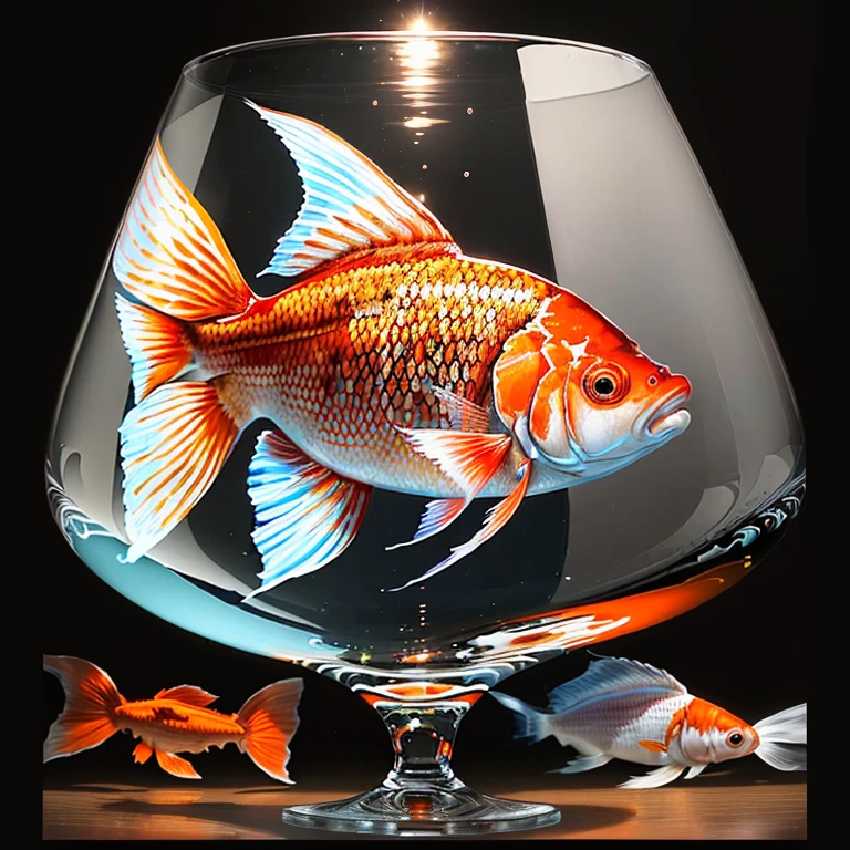 There is a fish with a red tail swimming in a wine glass., glass paint, author Dechko Uzunov, Hyper-realistic picture, ultra realistic picture, ✏️🎨, goldfish, paint-on-glass painting, in style of stanislav vovchuk, 🚀🌈🤩, ultra realistic!!!, Nina Petrovna Valetova., in style of ultra realistic