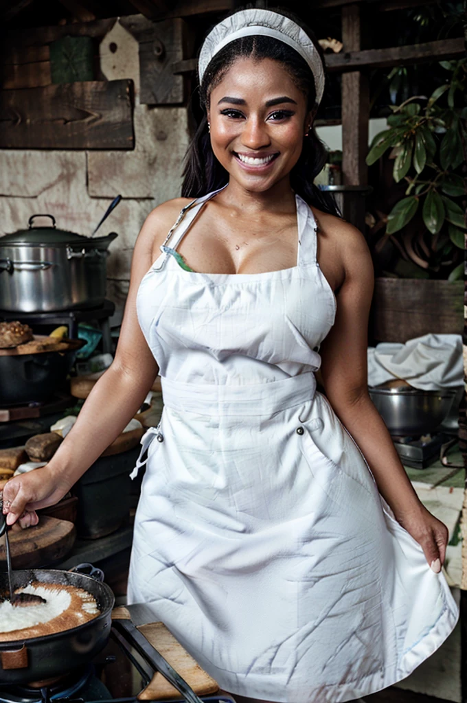 best quality, 8k, very delicate and beautiful, highly detailed face and skin texture, shiny skin, high resolution, huge tits sexy dark skin girl wearing white apron smile and cooking at camp in forest, sharp focus