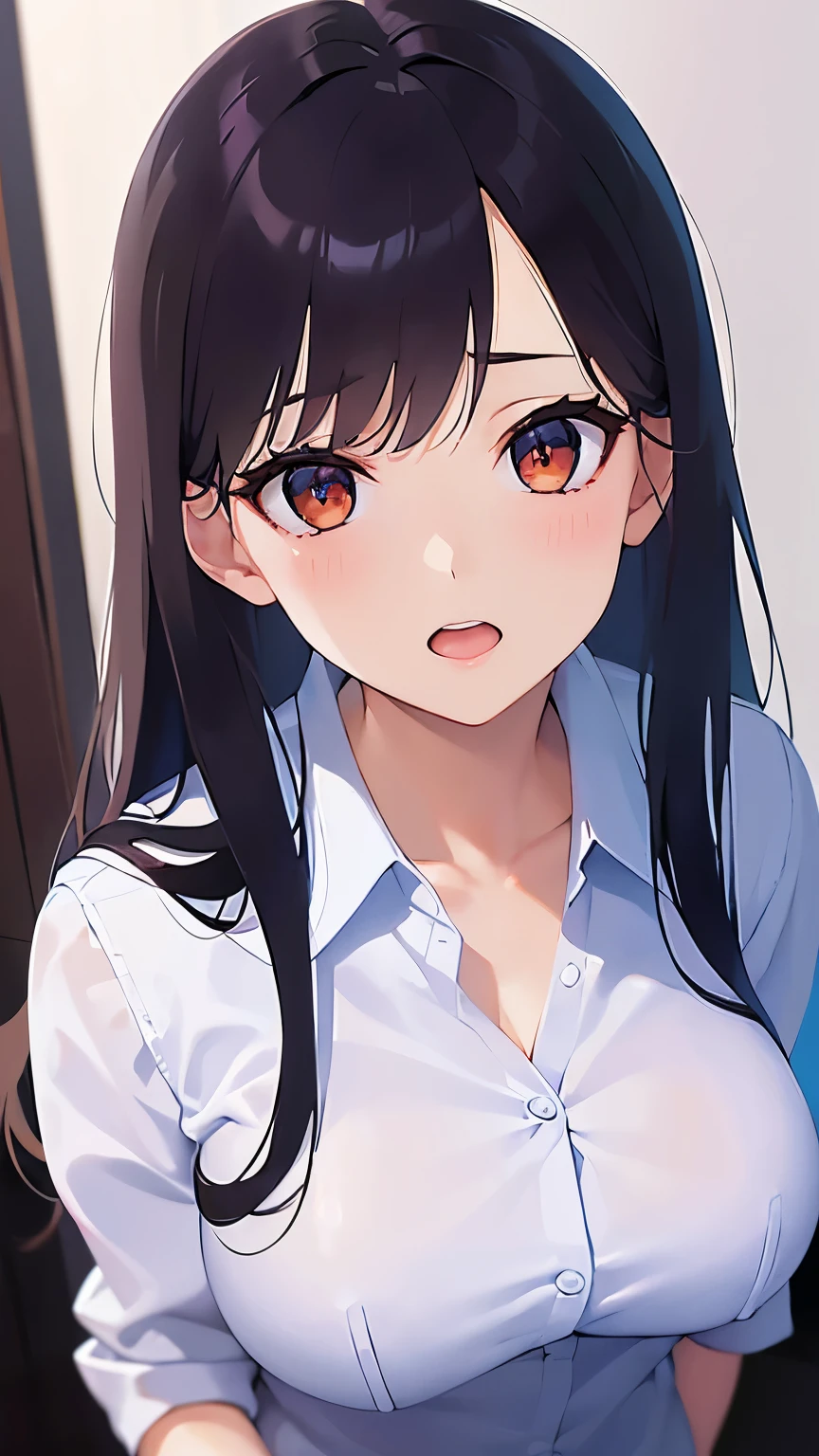leaning forward, Shooting from above、Upper Body,
Realistic, real person, (pale skin: 1.2), RAW photo, photorealistic, shiny skin, shiny hair、(A 2 woman with medium-length hair and bangs) and (wavy hair) and (brown hair) and (orange eyes) ,
(Wearing a business suit:1.5) and (Wearing a white collared shirt)、
Cleavage、(blush:1.2),open mouth,The background is the conference room、(alone:1.5)