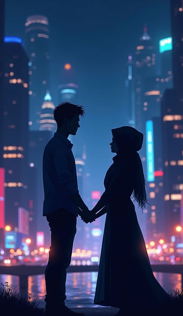 silhouette image of a woman in a hijab and a man holding hands, in the middle of the city at night, full of lights, the characters are just silhouettes, anime style, from back:1.2, long shot:1.2