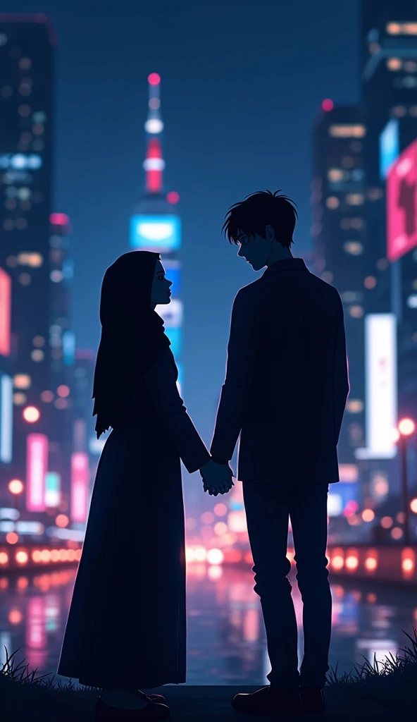 silhouette image of a woman in a hijab and a man holding hands, in the middle of the city at night, full of lights, the characters are just silhouettes, anime style, from back:1.2, long shot:1.2