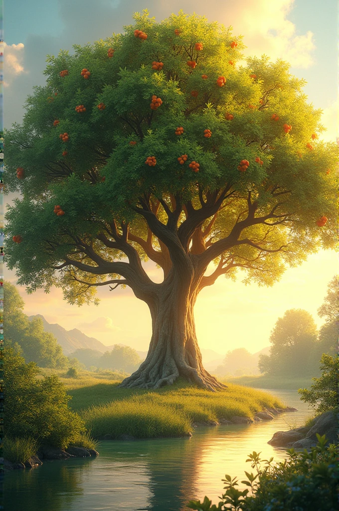 A fruitful tree, tall, near river, in the afternoon, the shining tree