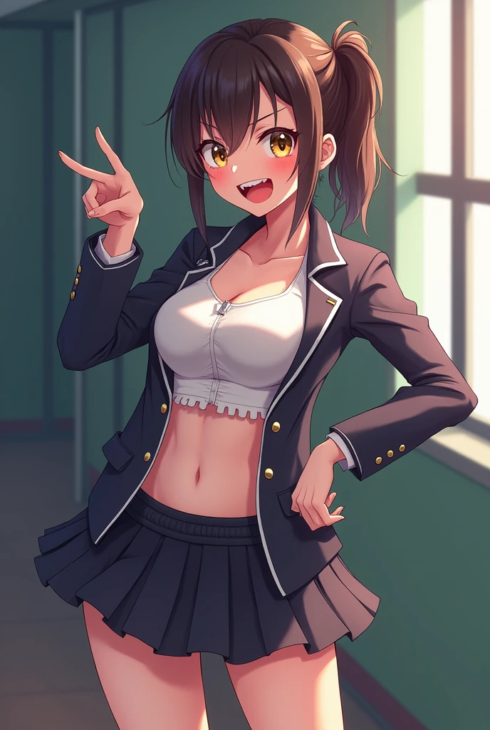 an anime girl,She is a bully, she laughs and points while she is wearing a school uniform and is almost half naked.
