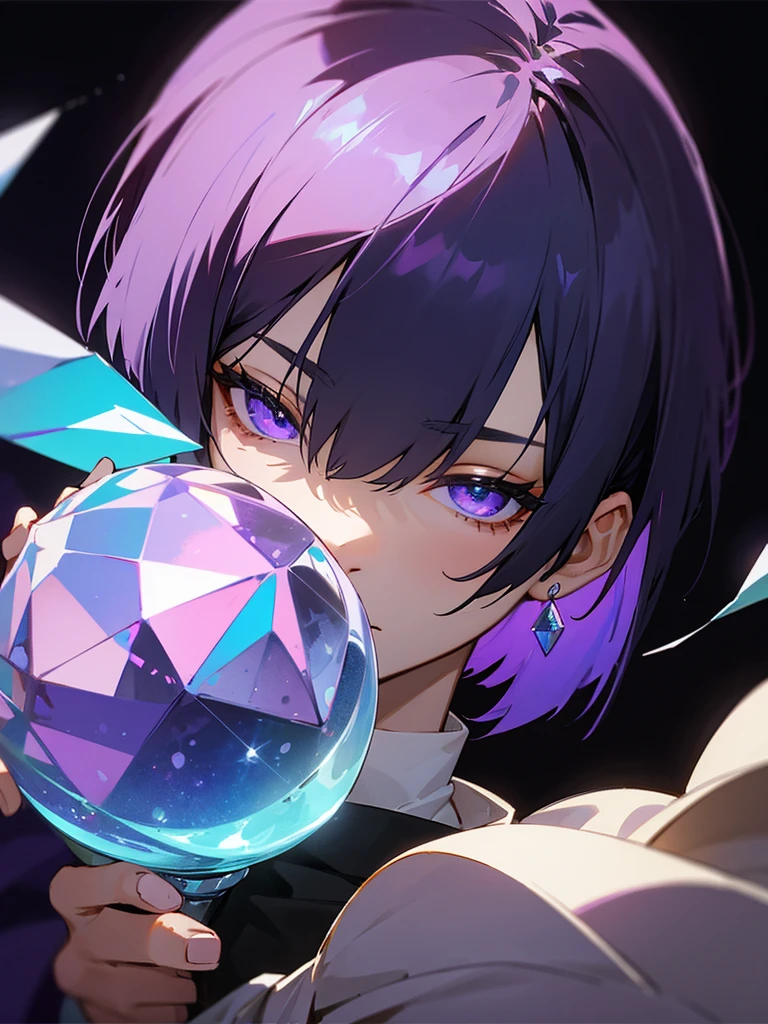 had a crystal ball、A man with purple and black bob hair、With the night sky and moon in the background、The composition is a close-up of the face.