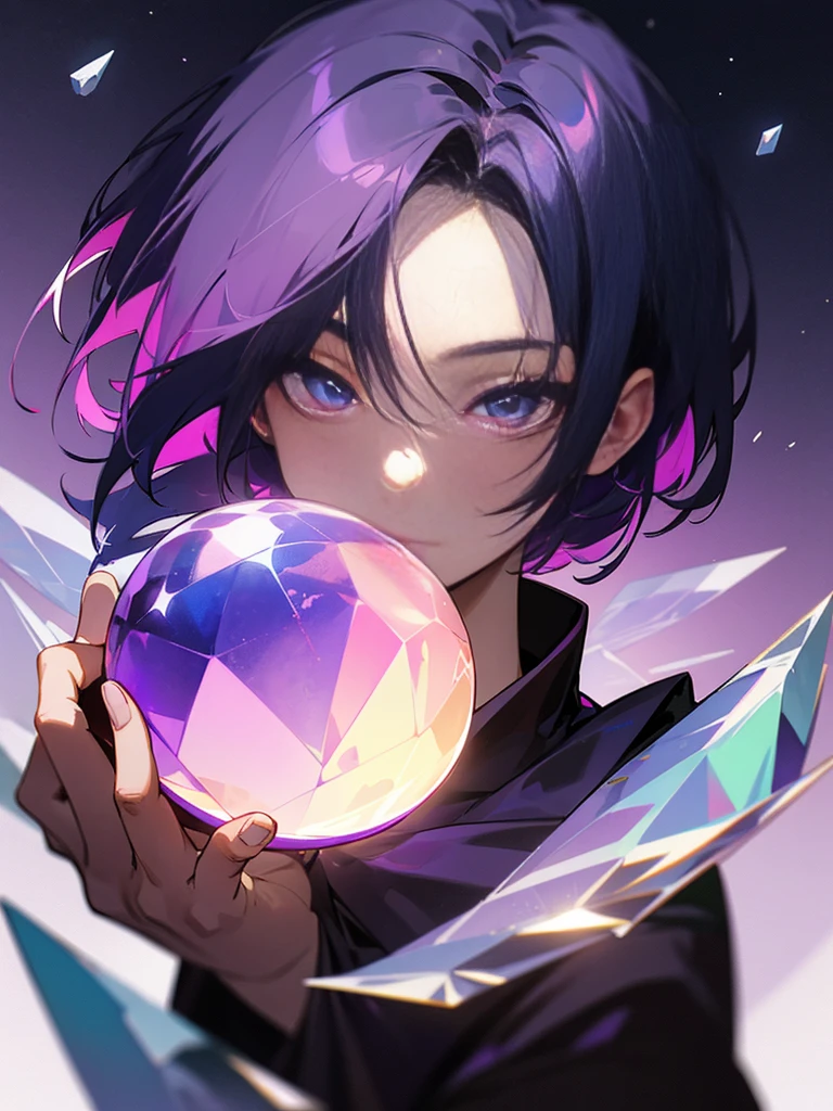 had a crystal ball、A man with purple and black bob hair、With the night sky and moon in the background、The composition is a close-up of the face.