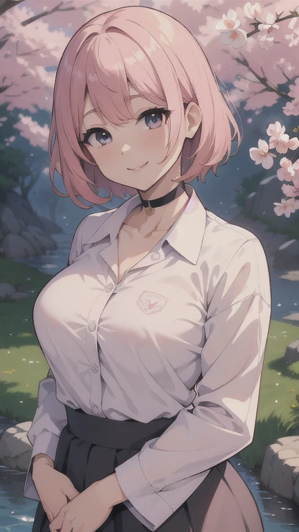 (of the highest quality, 4k, 8k, High resolution, masterpiece:1.2), Very detailed, picturesque, Anime style photo, animated photo:1.37)、Japanese、(Pink pixie cut)、Mischievous smile、White shirt、Black choker、whole body、 under the chest、Tuck the hem of the shirt inside, under the chest、ichika nakano