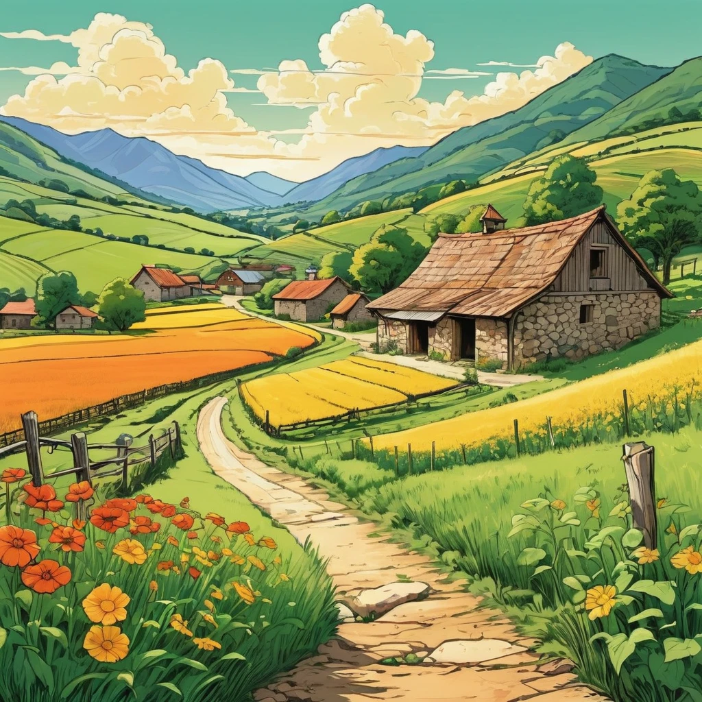 Please draw the line art in warm colors.,(Comic book style),Hand drawn caricature,Beautiful countryside painting,Mountain、summer,Green farmland、Old Stone Barns and Sheds。Sunny Afternoon。Be careful and gentle when using your pen,Overall composition balance。(Clear lines,No Shadow),(Moderate:Picturesque),Wide-angle lens