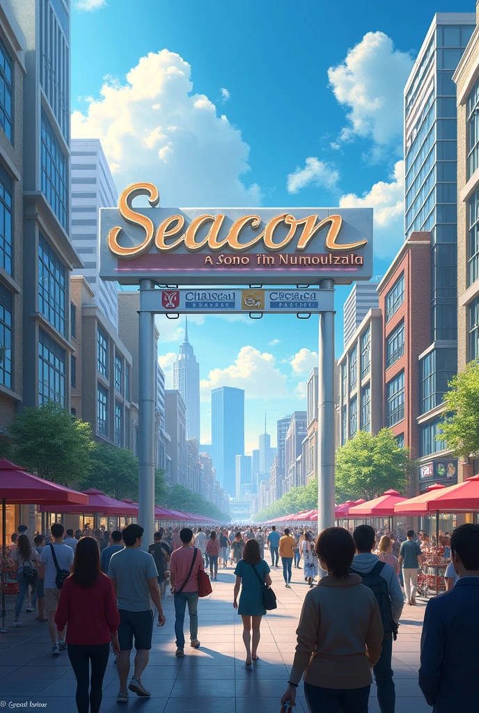 A picture of a capital city with many shopping malls, but with a large sign that says 30 Years Seacon, which is modern. People all turn to look at this sign and pay attention, showing that Seacon is a very popular and prominent shopping mall. It is a wide angle picture with many buildings.
