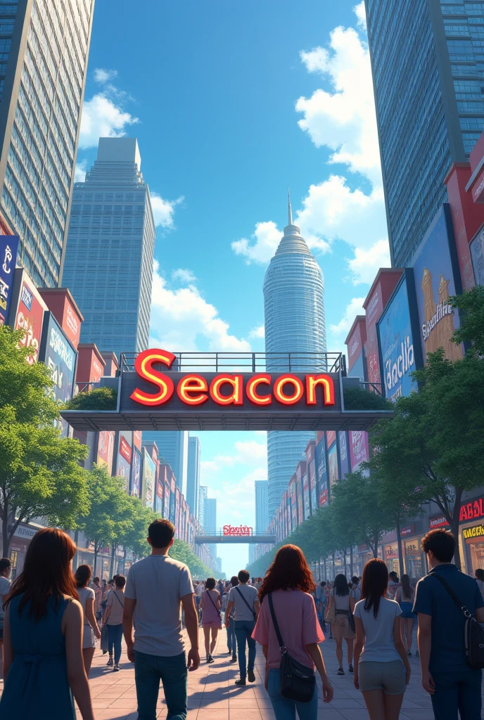 A picture of a capital city with many shopping malls, but with a large sign that says 30 Years Seacon, which is modern. People all turn to look at this sign and pay attention, showing that Seacon is a very popular and prominent shopping mall. It is a wide angle picture with many buildings.