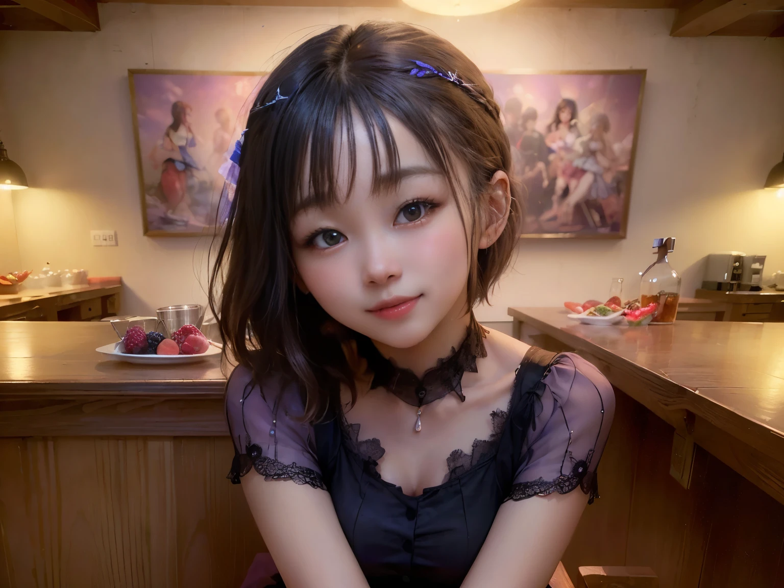 (Highest quality, masterpiece, Ultra-high resolution, 8k, RAW Photos, Realistic, Anatomically correct:1.5), 20-year-old girl:1.2, Embarrassing, avert your eyes, blush:1.0, View Viewer, ((bar)) 、Large windows、Night view、 Light:1.2, Bokeh, Cinema Lighting:1.0, Depth of written boundary, sharp、 Cute Face、Idol、(Black short sleeve lace top)、(Black tulle skirt)、(Purple clothes)、”dwarf”、(Full Body Shot)、(Side angle)、Cowboy Shot、( smile)、((Ultra short hair、Berry Short))、(Straight bangs)、((See-through))、(( One woman))、look back、I can see your belly button、