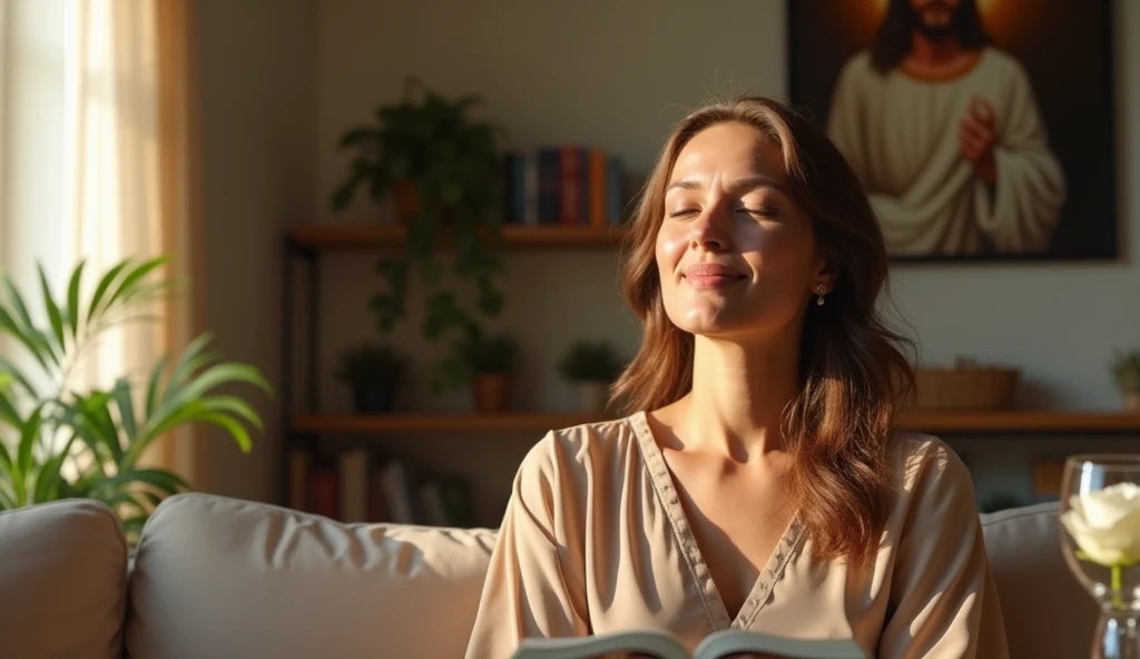 ultra realistic image of a 40 year old lady with her eyes closed thanking God for another day that begins, dressed in a refined manner, in the living room of your home with cozy decor, in the background plants, illuminated wooden bookshelf, happy jesus with open arms picture, on the boat with the approaches, the bible with a white rose inside,, daylight coming through the window and illuminating her head, a glass of water and an apple, convey depth