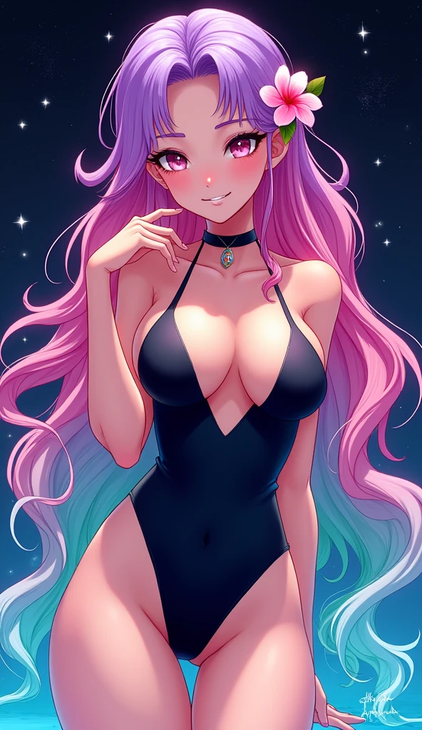 A vibrant digital illustration of a young woman with long, flowing, multicolored hair in shades of pink, purple, and turquoise. She wears a black one-piece swimsuit and a choker necklace. The background features a dark, starry space, enhancing the colorful elements of her hair, which transitions into a rainbow gradient. A pink flower adorns one side of her hair, and she poses playfully, touching her locks.