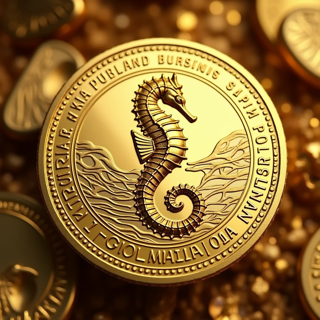 Create a coin with the MJP characters in it. Design of a seahorse in the center. Gold, high quality, luxurious image. Logo images of JAPAN and Malaysia on the outer periphery.