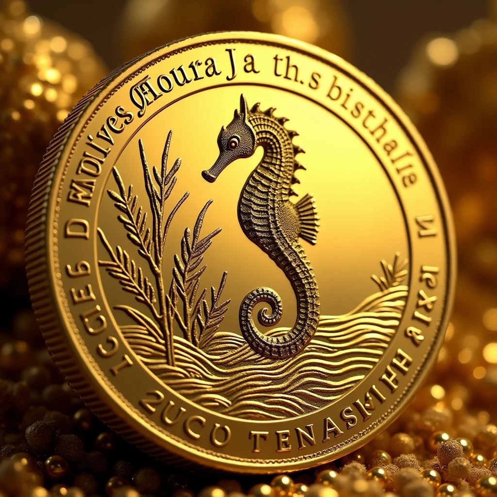 Create a coin with the MJP characters in it. Design of a seahorse in the center. Gold, high quality, luxurious image. Logo images of JAPAN and Malaysia on the outer periphery.