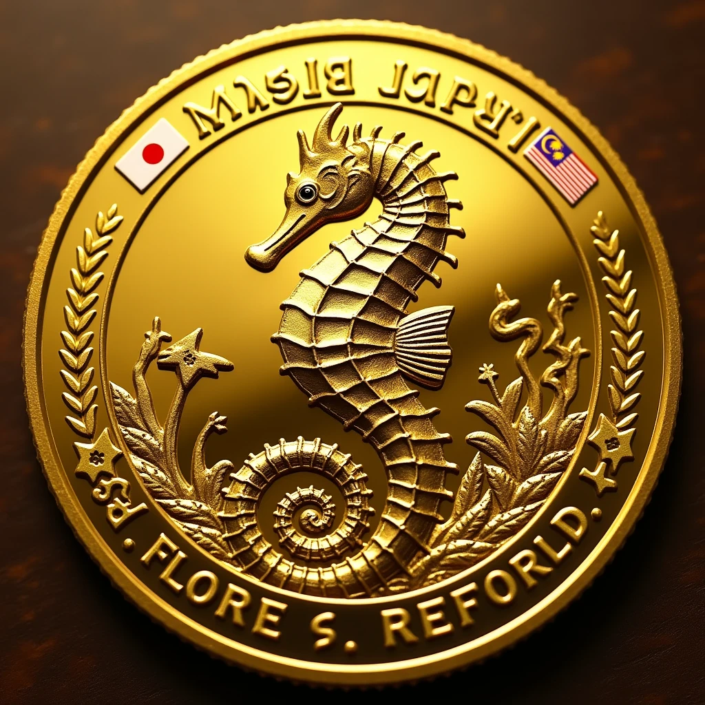 Create a coin with the MJP characters in it. Design of a seahorse in the center. Gold, high quality, luxurious image. Logo images of JAPAN and Malaysia on the outer periphery.