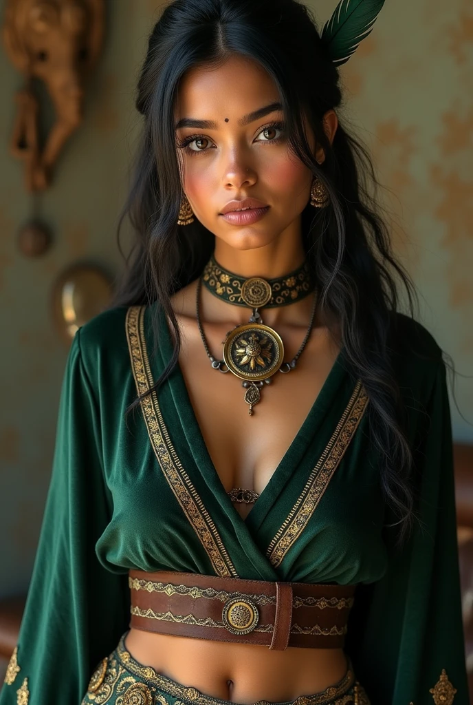 A 20-year-old Victorian woman of Apache and English descent with black hair and green eyes, light cinnamon skin and an innocent and pure face., ( let his face be seen) Perfect body with  dressed in Robin Hood style wearing a dark green velvet robe with gold embroidery, pants of the same tone and a brown leather belt. About the tunic, A light green cape falls to the ankles, combined with brown leather high boots. On his shoulder, He carries a wooden bow and a quiver fullrrows.. Complete your outfit with a small green feather headdress., reflecting a fearless and adventurous elegance.