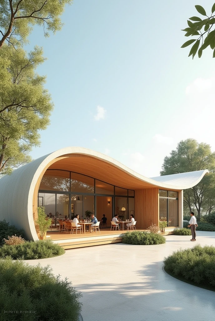 Fluidity amd bird theme based Simple Structure and facade designs of a single storey cafe building with L shape plan and an outdoor dining in front right side of cafe