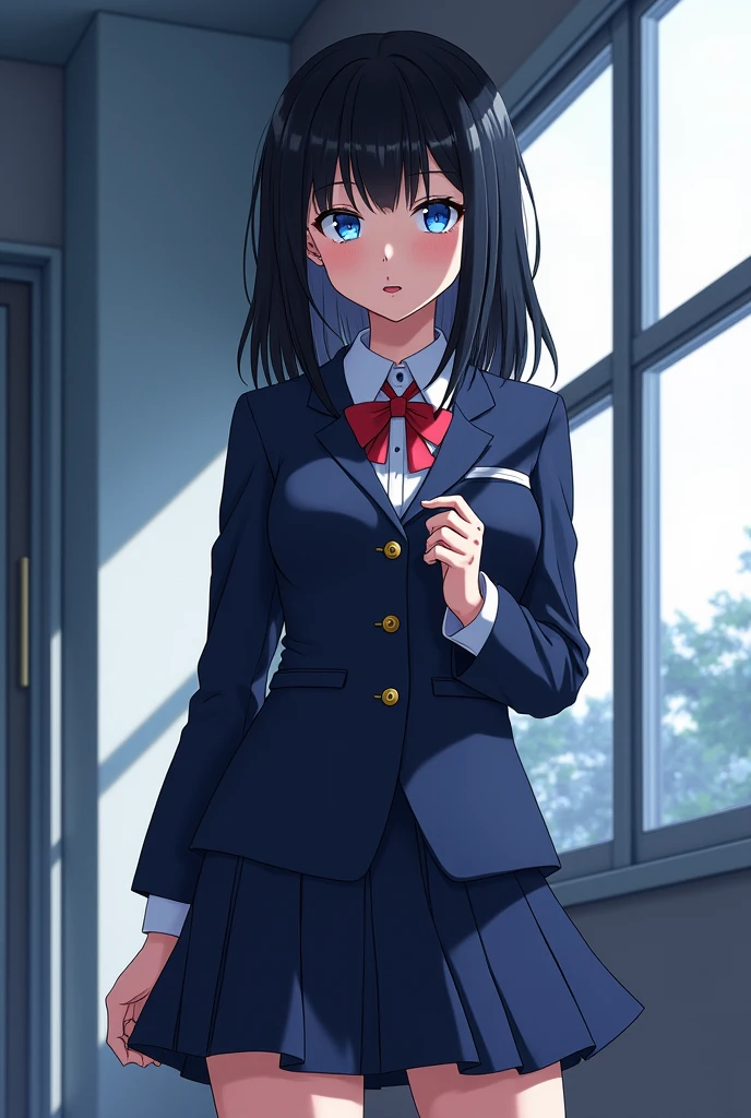 style: boku no hero academia pretty face, with bright blue eyes similar to Satoru Gojo's, lips with a little lipstick. Black colored hair, a little below the shoulders and straight, the thin body, with a little bust and a little big butt, tall and wearing the U uniform.A.