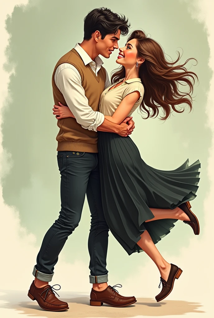 Create an image, in the style of drawing for book cover, of a young woman of about twenty-three years old with long hair, brown in color and wavy, green eyes and white skin, she must be in the arms of a man both with a slightly surprised expression, as if she had fallen and he had caught her before it happened. This man must look young too, with white skin and black hair, he must be tall and have an athletic body, broad shoulders and steady hands. Your face should be masculine with strong eyebrows and dark eyes.. Men's hair should be slightly wavy, almost smooth and black in color. She should be wearing a black pleated skirt above the knees with an ivory colored button-down long sleeve blouse., over the shirt she must be wearing a brown sleeveless sweater and tractor moccasin shoes, and he must be wearing a white button-down shirt tucked into his black pants, his shirt sleeves should be rolled up to about the elbow and a brown oxford dress shoe. The image should convey a youthful and fun air., She should look like a flustered young lady who is surprised by the situation and he should look like a firm, sarcastic man who is pleasantly surprised by the situation.