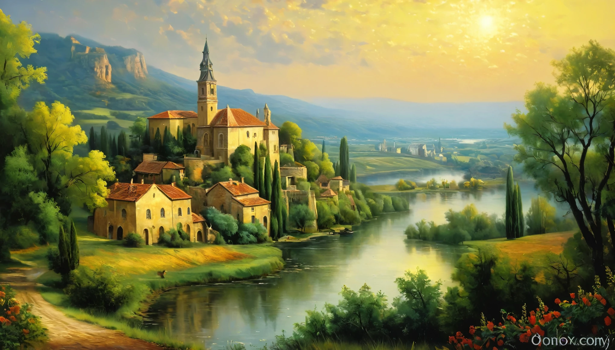 [Best quality, masterpiece, ultra high resolution, Photorealistic, ((in the style of pin-up, 1 young woman 28 years)), medium shot, smile:20]:[((background, complex renaissance landscape, very detailed, Impressionism:0.2))]
