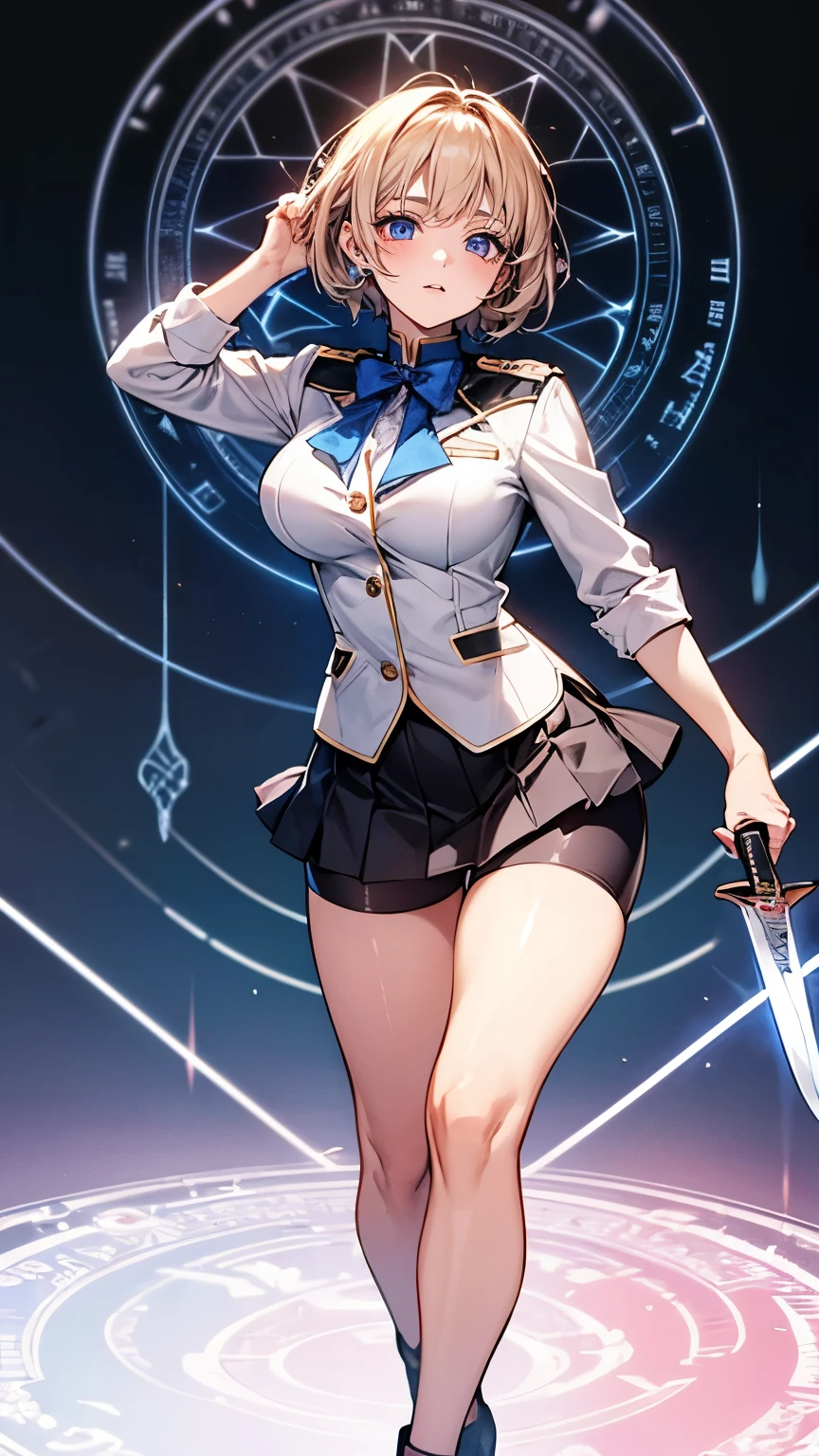 (Very delicate and beautiful:1.2)super model,,Beautiful breasts,voluptuous,【bike shorts】,,【3girls】,,Highest quality, High resolution, 8k,mini skirt,uniform,knife,Blue Flame.magic circle.