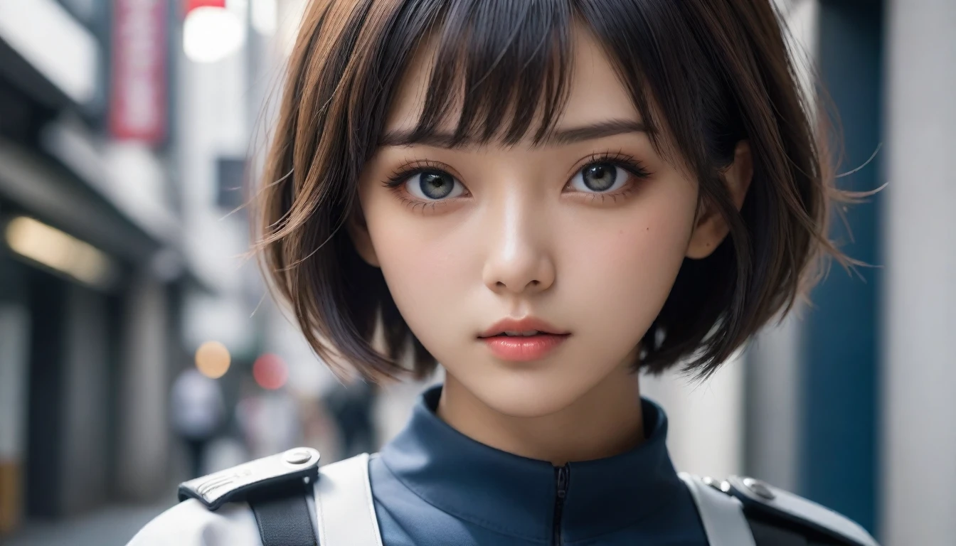 8k, Ultra-high resolution, Highest quality, masterpiece, 三分割法によるphotograph,Surreal, photograph, 1 , (:1.3), cute, cute顔, 細部までBeautiful Eyes, 細かくdetailedに,masterpiece,One Girl:1.2,Japanese women,Policewoman,close up,glaring,Black short hair,Bowl cut,ID photo,(Police officer of the future:1.3),cyber punk,Future City,white collar,((Fusion of humans and androids))(Beautiful attention to detail),Subtle details, detailedな顔,anger,Attractive eyes,(ポートレートphotograph:1.4),(Photorealistic images:1.4),Fantasy art,(Beautiful Face:1.4),美しくAttractive eyes、Beautiful Eyes,Silver residue,(Tight waist:1.4)、(Beautiful with perfect body proportions:1.4),Pink Lips,profile,(((Ideal body type))),A-cup small breasts :2,、Portraiture:2、Perfect Anatomy、鮮明なdetailed、detailed,Fashion magazine cover,Thin lips,完璧でBeautiful Face ,完璧でcute顔, Skin with attention to detail, Perfect limbs、Narrow waist,Surreal,Light and shadow,spotlight