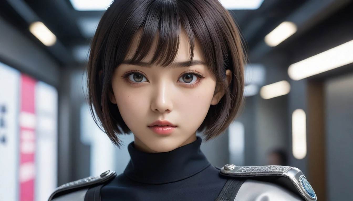 8k, Ultra-high resolution, Highest quality, masterpiece, 三分割法によるphotograph,Surreal, photograph, 1 , (:1.3), cute, cute顔, 細部までBeautiful Eyes, 細かくdetailedに,masterpiece,One Girl:1.2,Japanese women,Policewoman,close up,glaring,Black short hair,Bowl cut,ID photo,(Police officer of the future:1.3),cyber punk,Future City,white collar,((Fusion of humans and androids))(Beautiful attention to detail),Subtle details, detailedな顔,anger,Attractive eyes,(ポートレートphotograph:1.4),(Photorealistic images:1.4),Fantasy art,(Beautiful Face:1.4),美しくAttractive eyes、Beautiful Eyes,Silver residue,(Tight waist:1.4)、(Beautiful with perfect body proportions:1.4),Pink Lips,profile,(((Ideal body type))),A-cup small breasts :2,、Portraiture:2、Perfect Anatomy、鮮明なdetailed、detailed,Fashion magazine cover,Thin lips,完璧でBeautiful Face ,完璧でcute顔, Skin with attention to detail, Perfect limbs、Narrow waist,Surreal,Light and shadow,spotlight