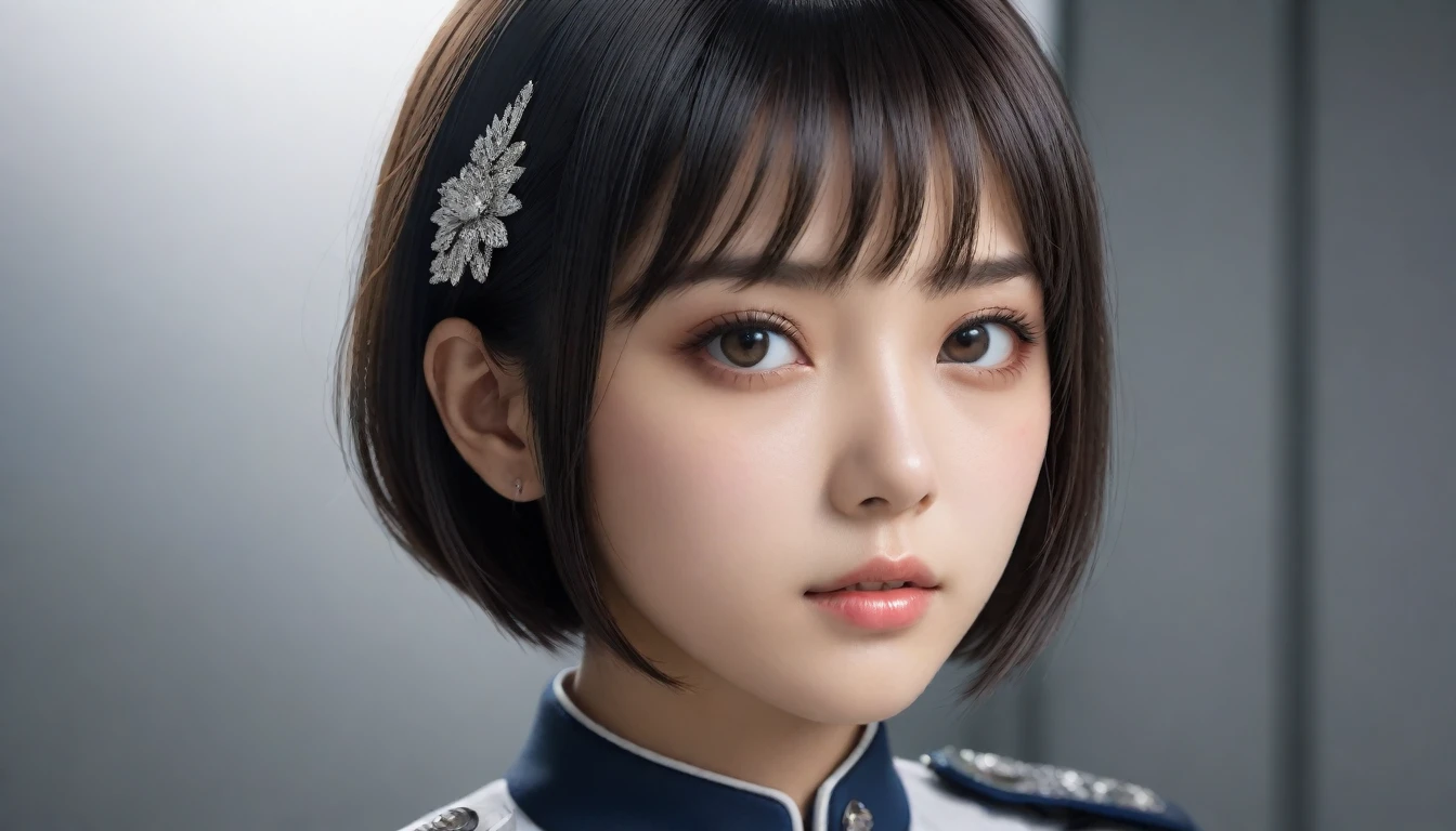 8k, Ultra-high resolution, Highest quality, masterpiece, 三分割法によるphotograph,Surreal, photograph, 1 , (:1.3), cute, cute顔, 細部までBeautiful Eyes, 細かくdetailedに,masterpiece,One Girl:1.2,Japanese women,Policewoman,close up,glaring,Black short hair,Bowl cut,ID photo,(Police officer of the future:1.3),cyber punk,Future City,white collar,((Fusion of humans and androids))(Beautiful attention to detail),Subtle details, detailedな顔,anger,Attractive eyes,(ポートレートphotograph:1.4),(Photorealistic images:1.4),Fantasy art,(Beautiful Face:1.4),美しくAttractive eyes、Beautiful Eyes,Silver residue,(Tight waist:1.4)、(Beautiful with perfect body proportions:1.4),Pink Lips,profile,(((Ideal body type))),A-cup small breasts :2,、Portraiture:2、Perfect Anatomy、鮮明なdetailed、detailed,Fashion magazine cover,Thin lips,完璧でBeautiful Face ,完璧でcute顔, Skin with attention to detail, Perfect limbs、Narrow waist,Surreal,Light and shadow,spotlight