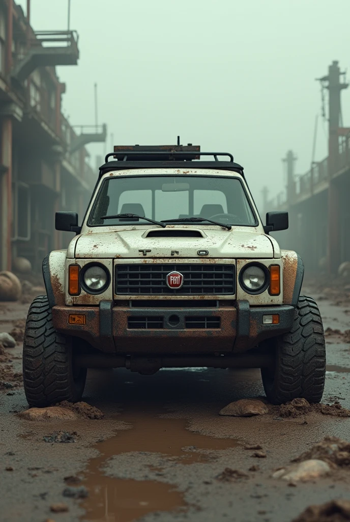 Fiat toro with misaligned tire, ultra-realistic and dystopian, with 8k resolution, sharp focus, --chaos 60