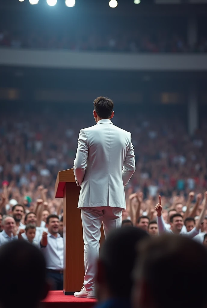 Messi is a political party leader. Messi is speaking in front of a crowd at a political conference wearing white dress.